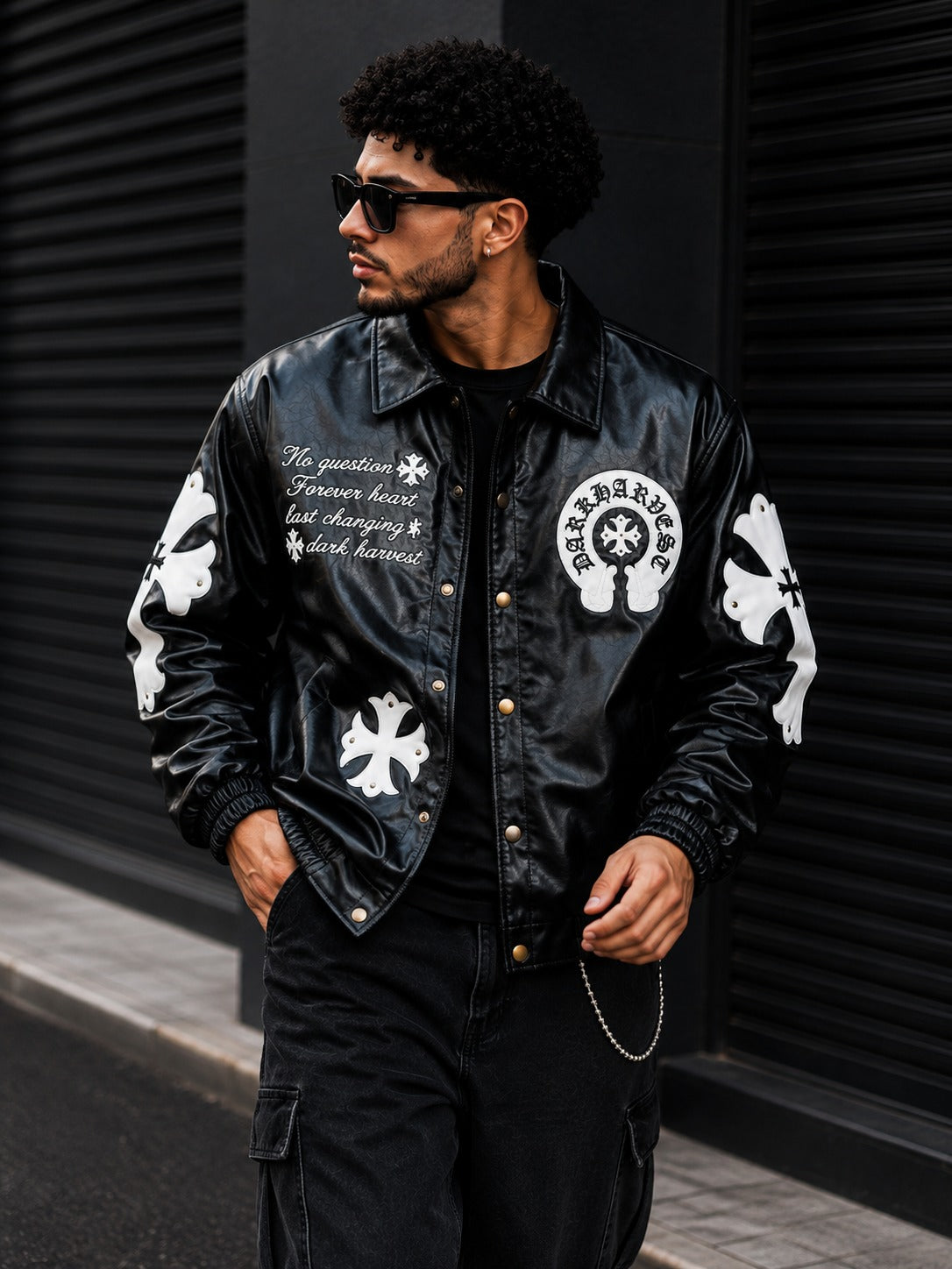 (CJ-19) Men's  Gothic Cross Patched Leather Streetwear Jacket
