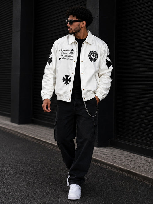 (CJ-19) Men's  Gothic Cross Patched Leather Streetwear Jacket