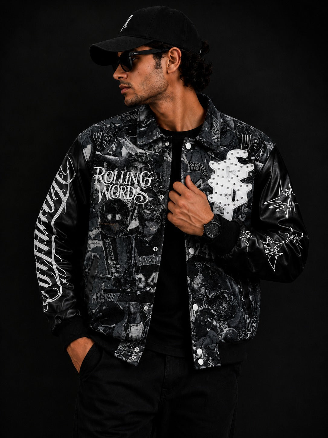(CJ-24) Rolling Words Premium Graphic Bomber Jacket