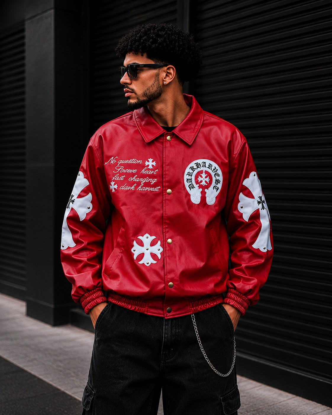 (CJ-19) Men's  Gothic Cross Patched Leather Streetwear Jacket